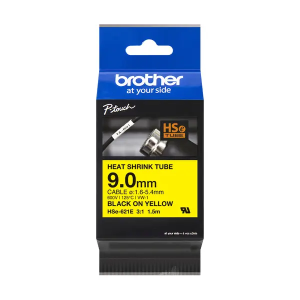 Brother兄弟牌 HSe-621E 熱縮套管標籤帶 黃底黑字 9.0mm